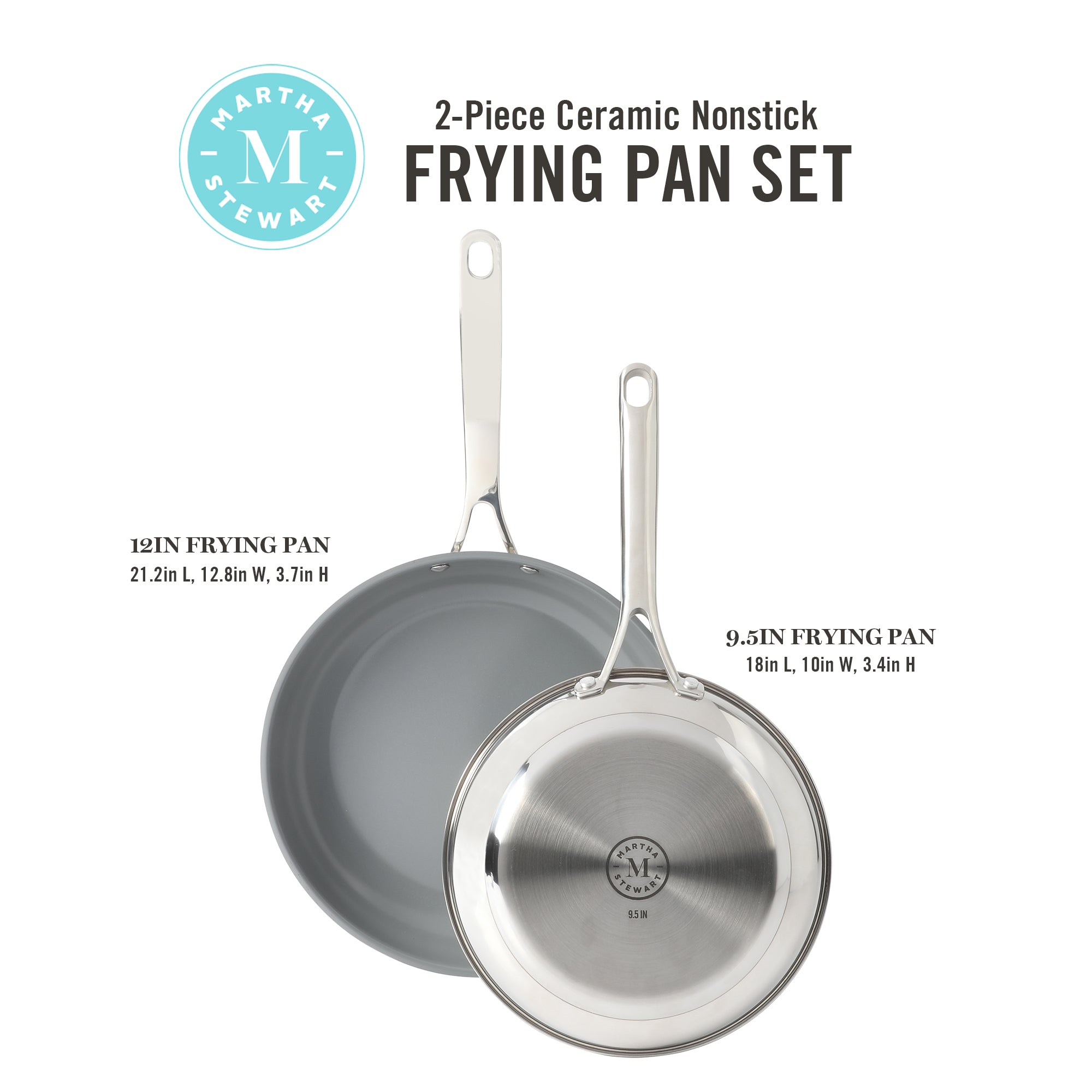 Martha Stewart Delaroux 9.5" & 12" Stainless Steel Fry Pan Set w/ Ceramic Non-Stick Interior