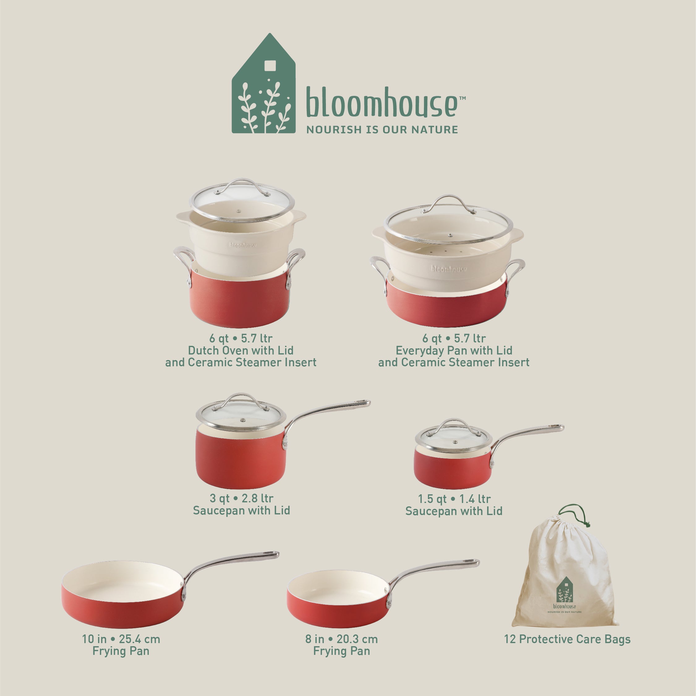 Bloomhouse 12 Piece Aluminum Enamel Cookware Set w/ Non-stick Non-toxic Ceramic Interior and Ceramic Steamer Insert