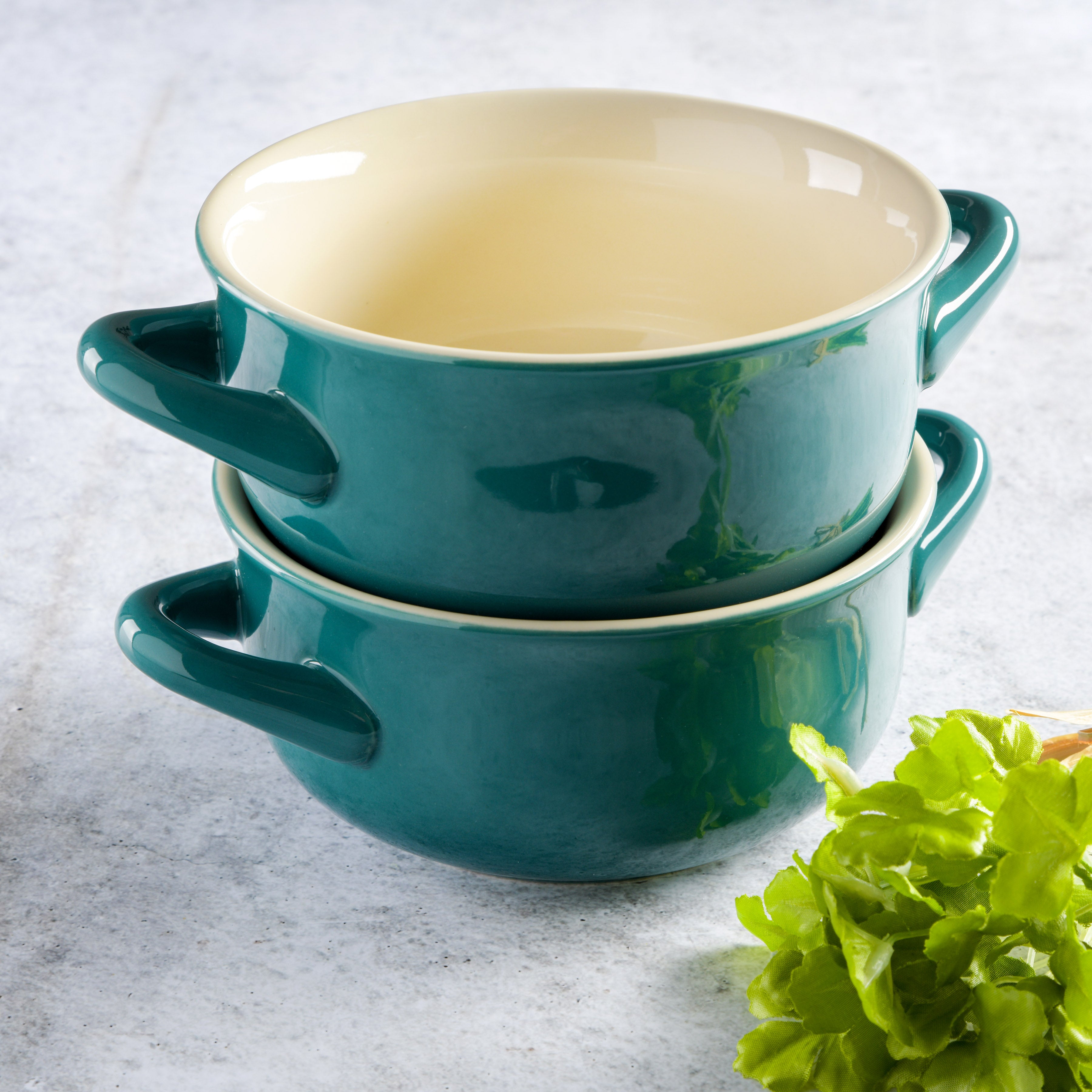 Stoneware soup shop bowls with handles