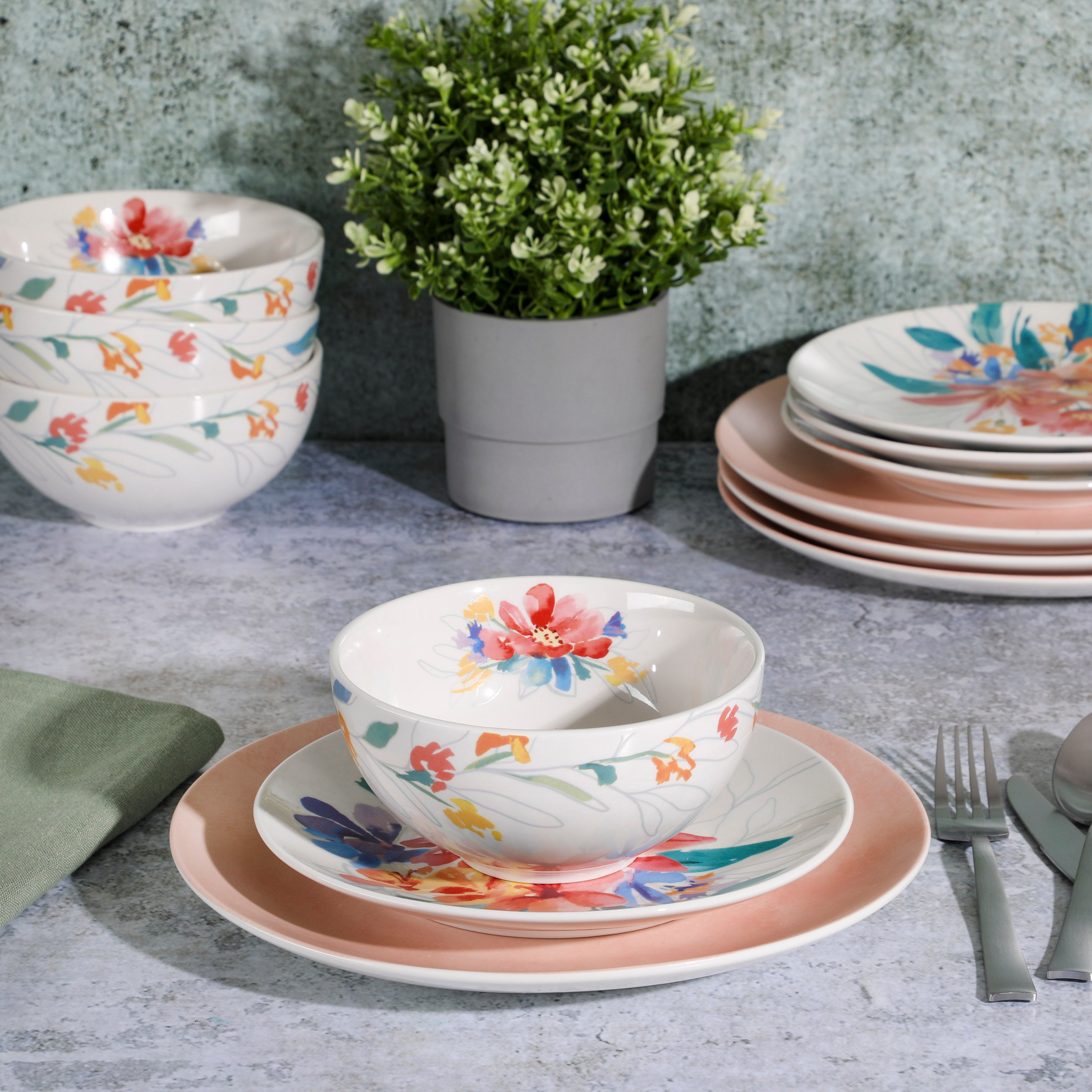 Spice by Tia Mowry Goji Blossom 12-Piece Decorated Porcelain Dinnerware Set