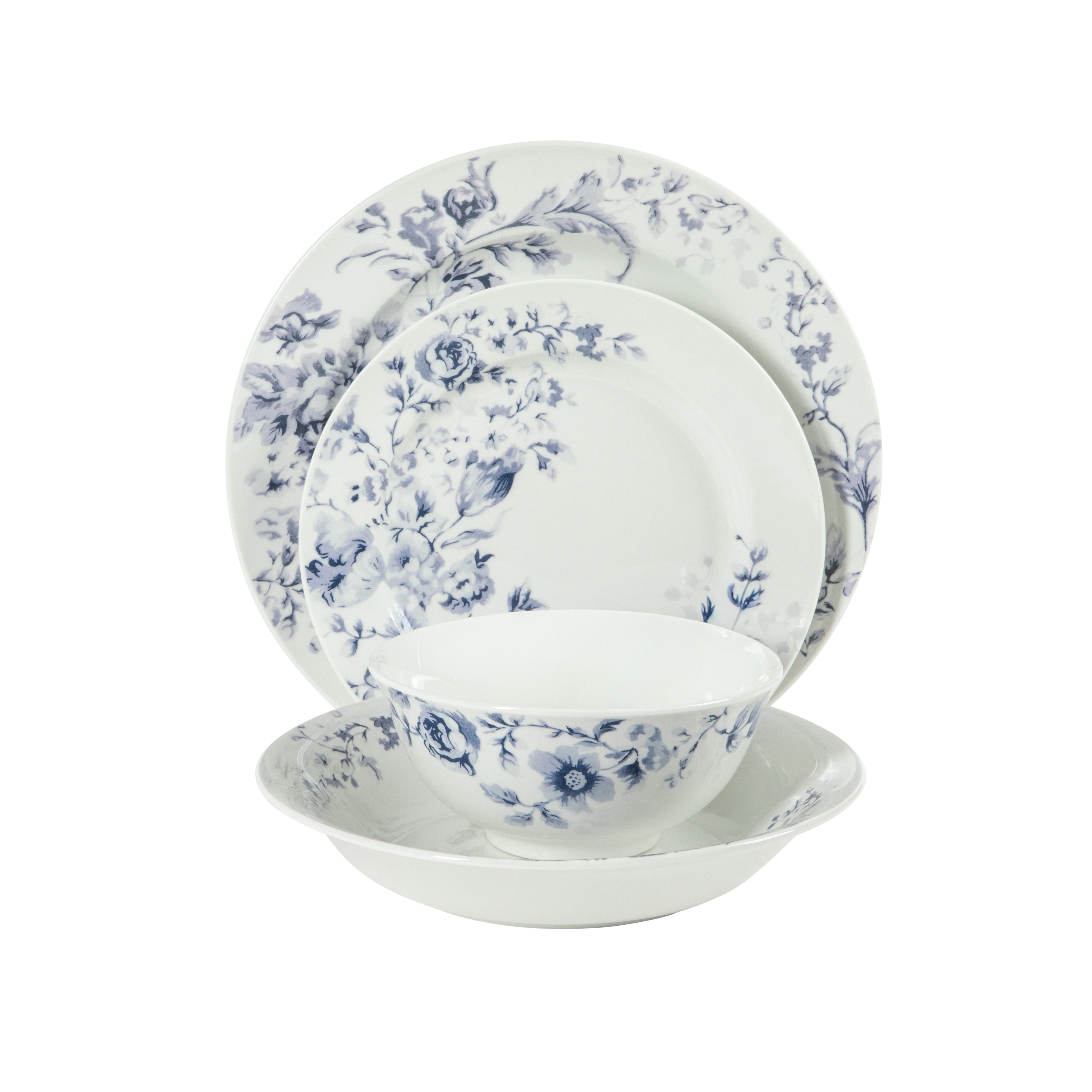 Martha Stewart Plates and Bowls Set, 16 Piece Dinnerware Set for 4, Blue/white