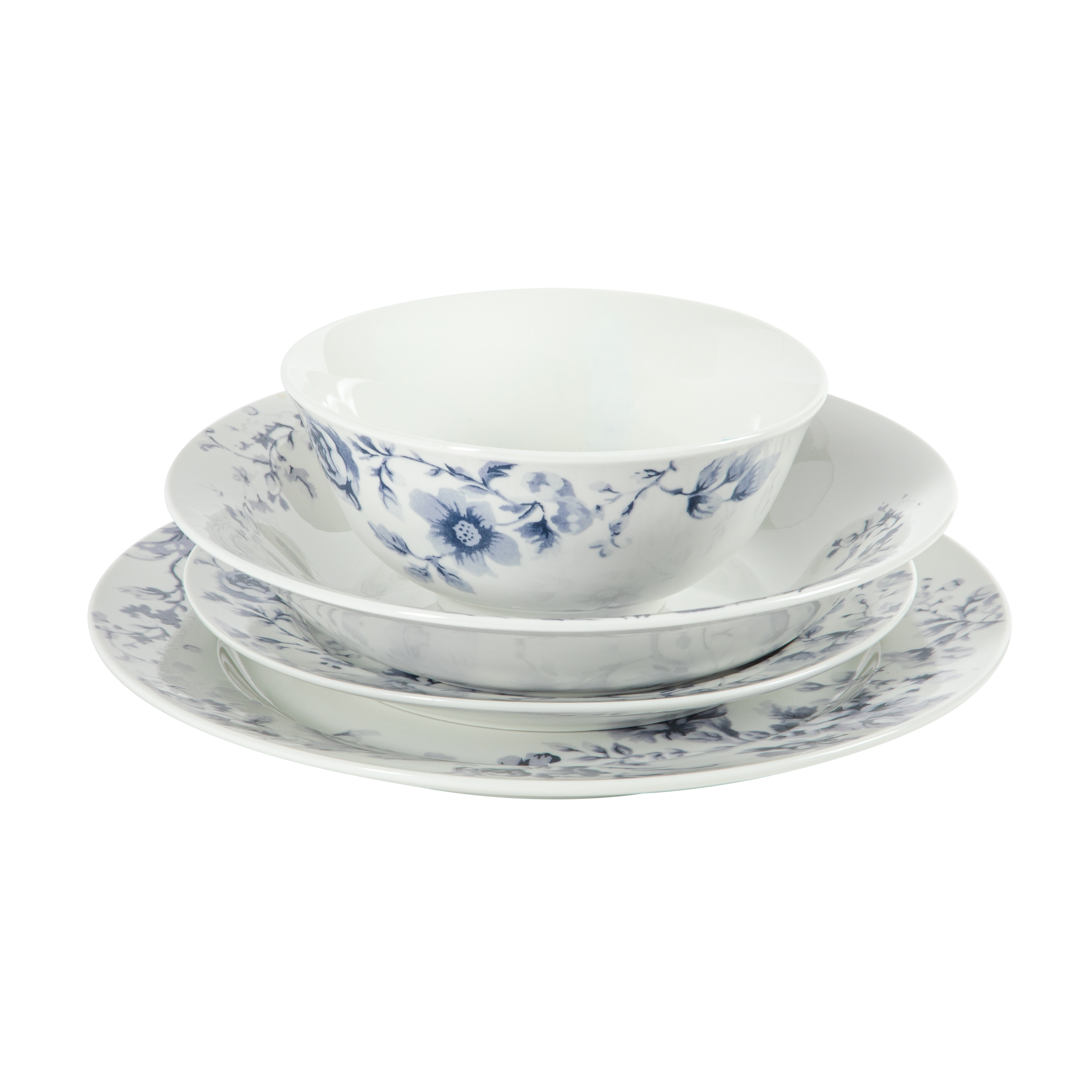 Martha Stewart Plates and Bowls Set, 16 Piece Dinnerware Set for 4, Blue/white