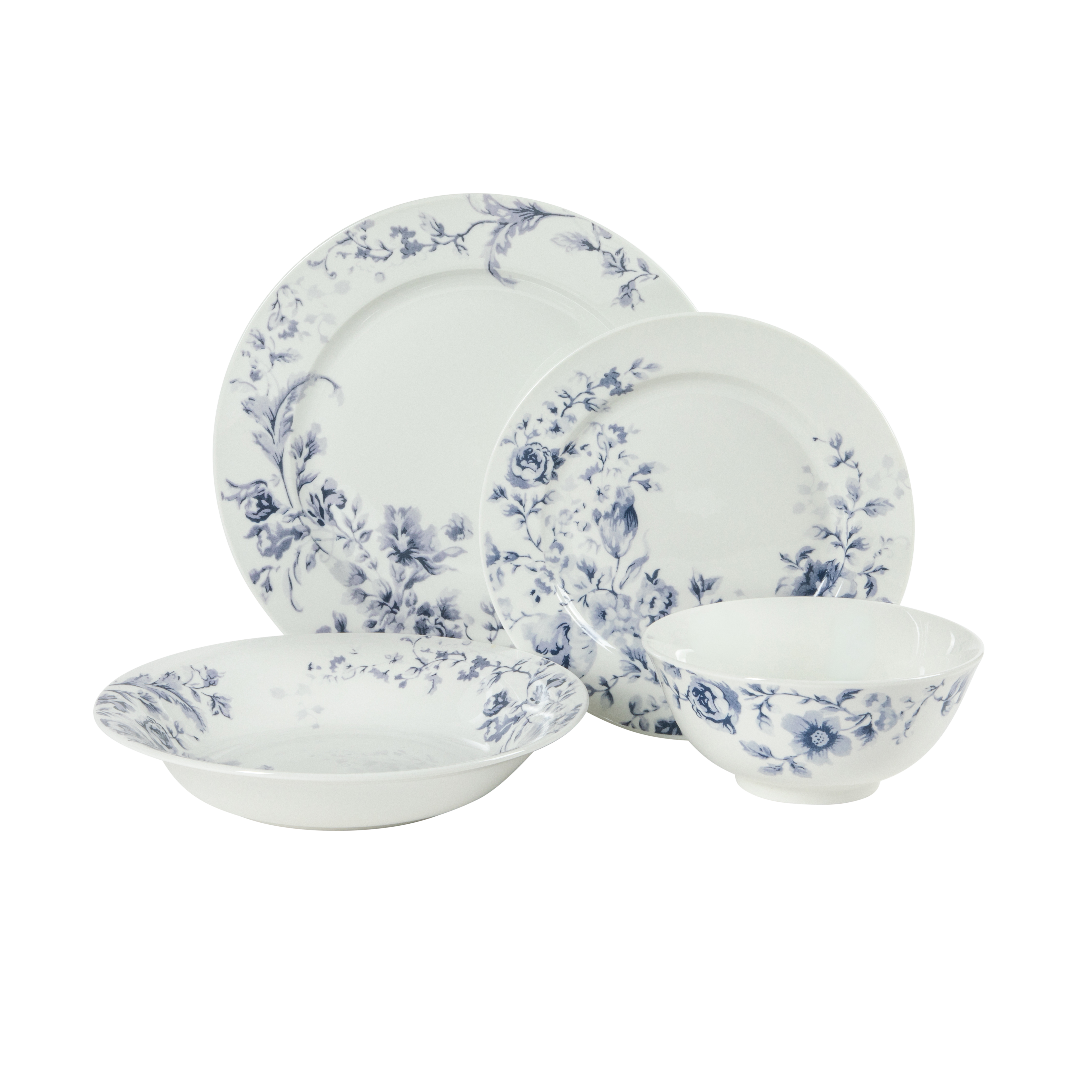 Martha Stewart Plates and Bowls Set, 16 Piece Dinnerware Set for 4, Blue/white