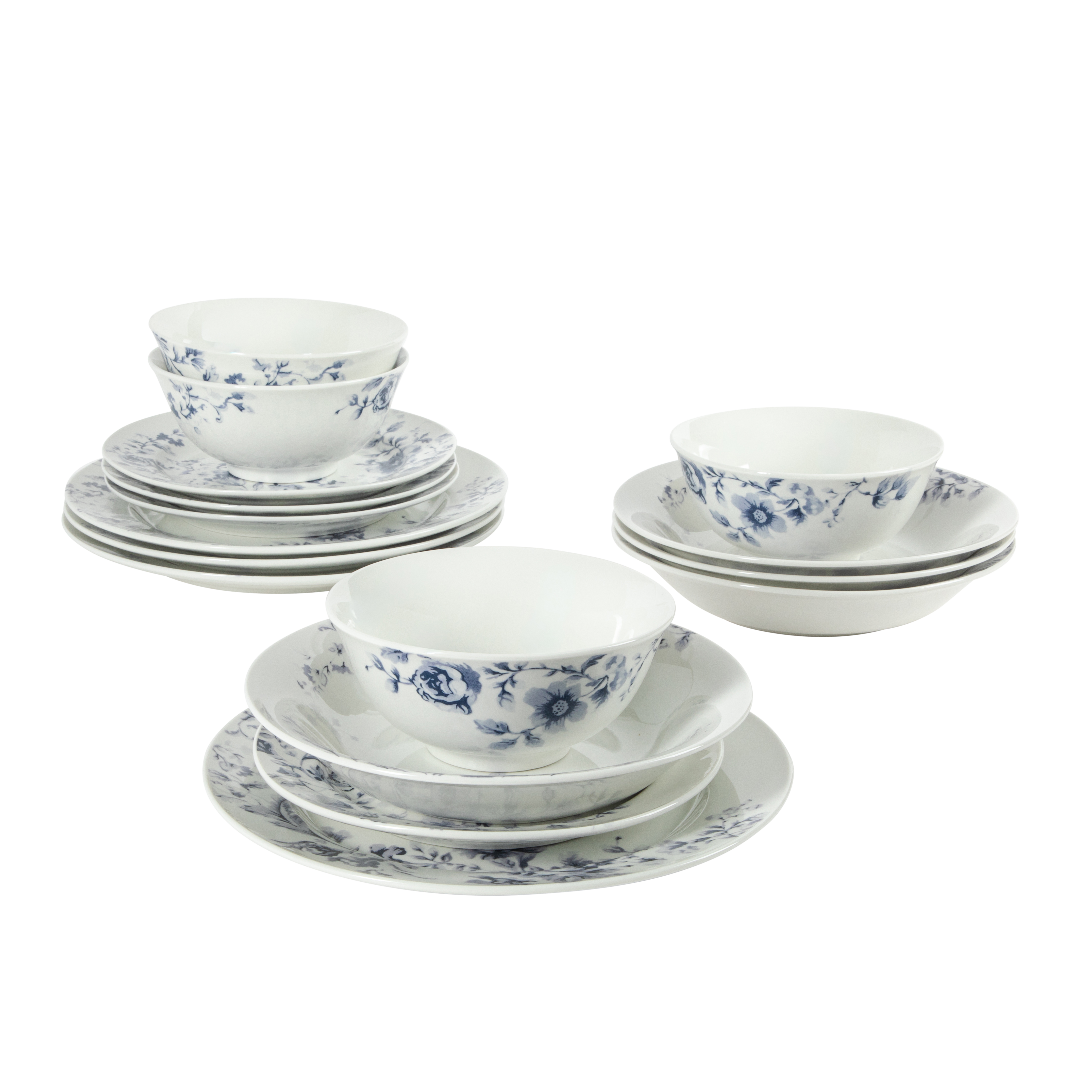 Martha Stewart Plates and Bowls Set, 16 Piece Dinnerware Set for 4, Blue/white