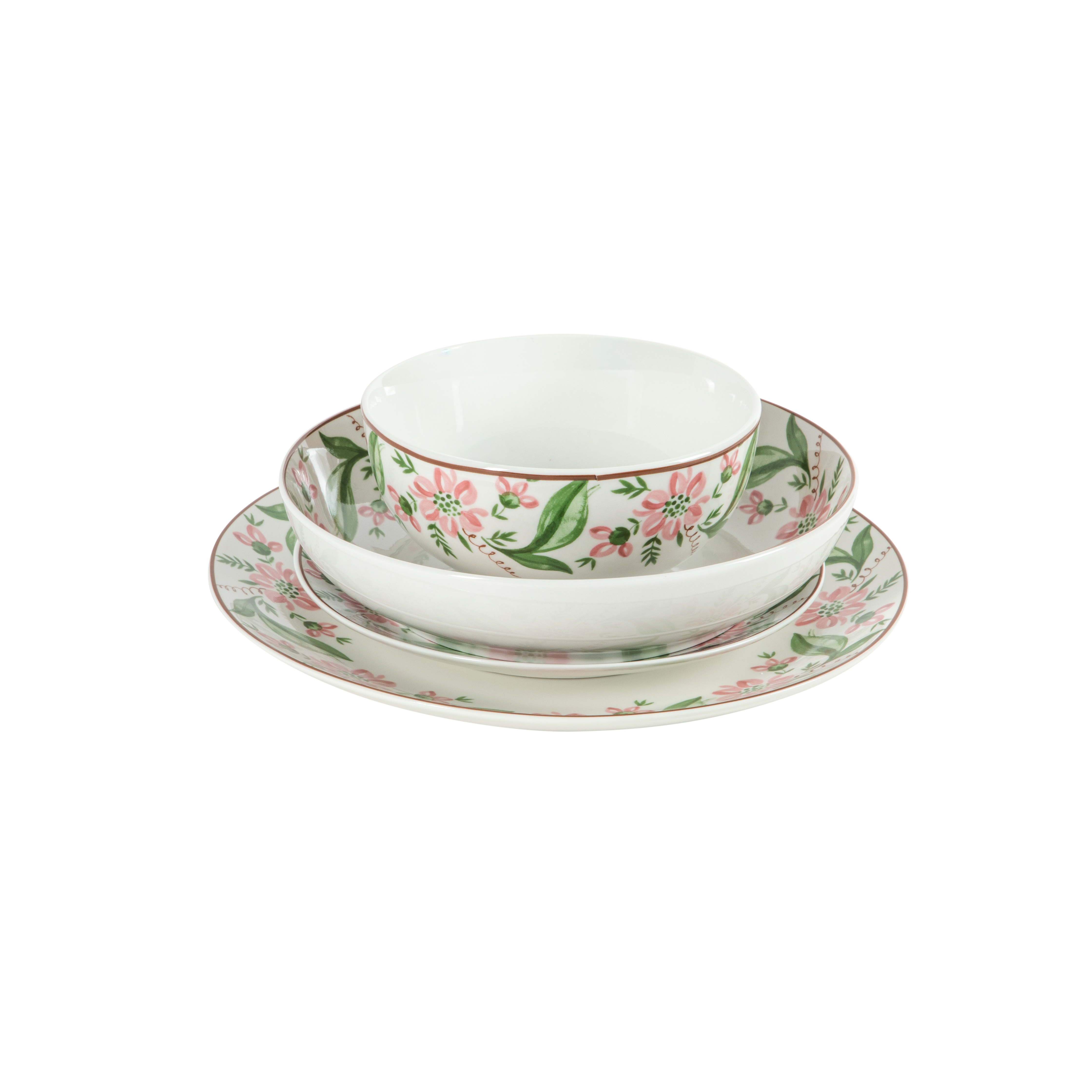 Martha Stewart Plates and Bowls Set, 16 Piece Dinnerware Set for 4, Pink/Green