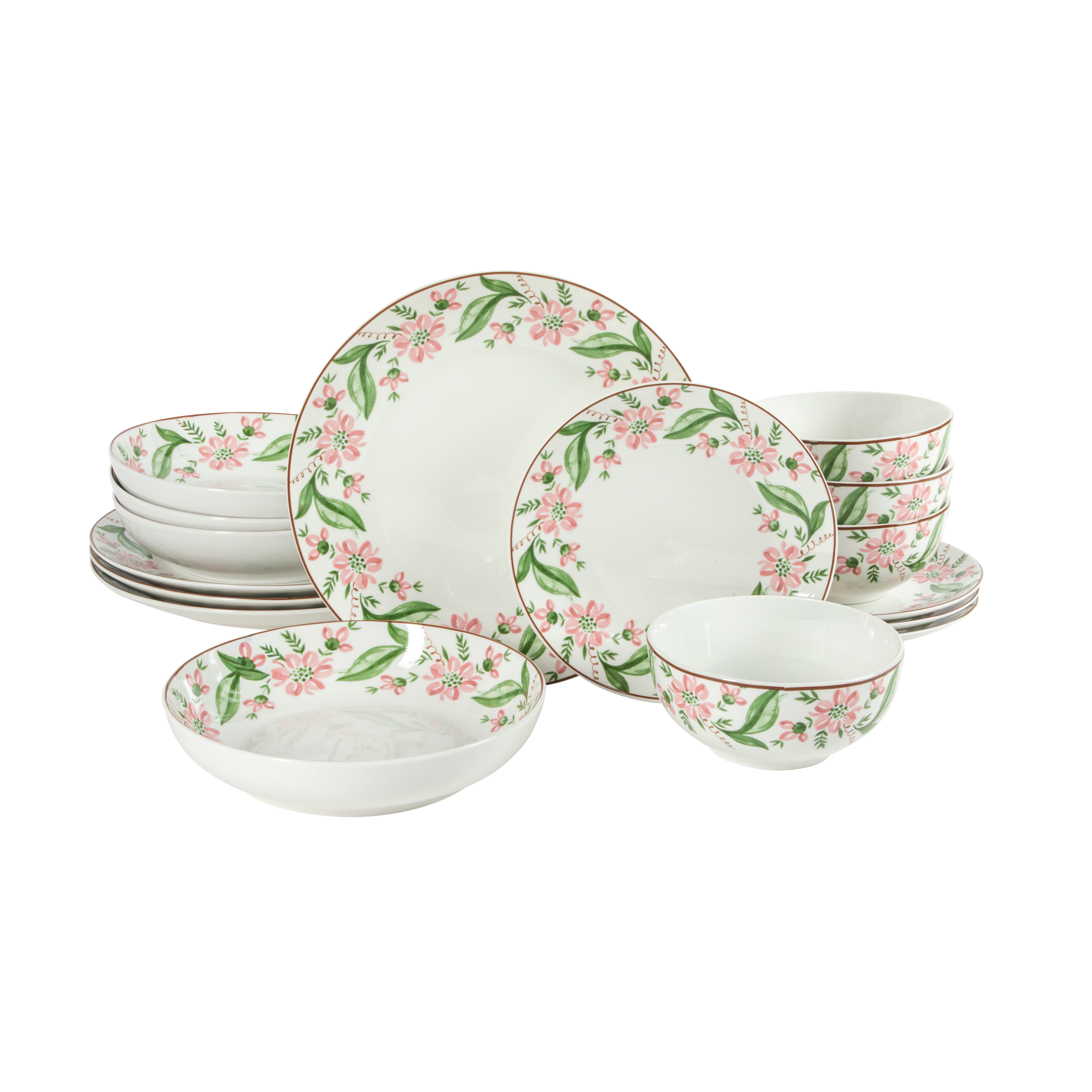Martha Stewart Plates and Bowls Set, 16 Piece Dinnerware Set for 4, Pink/Green