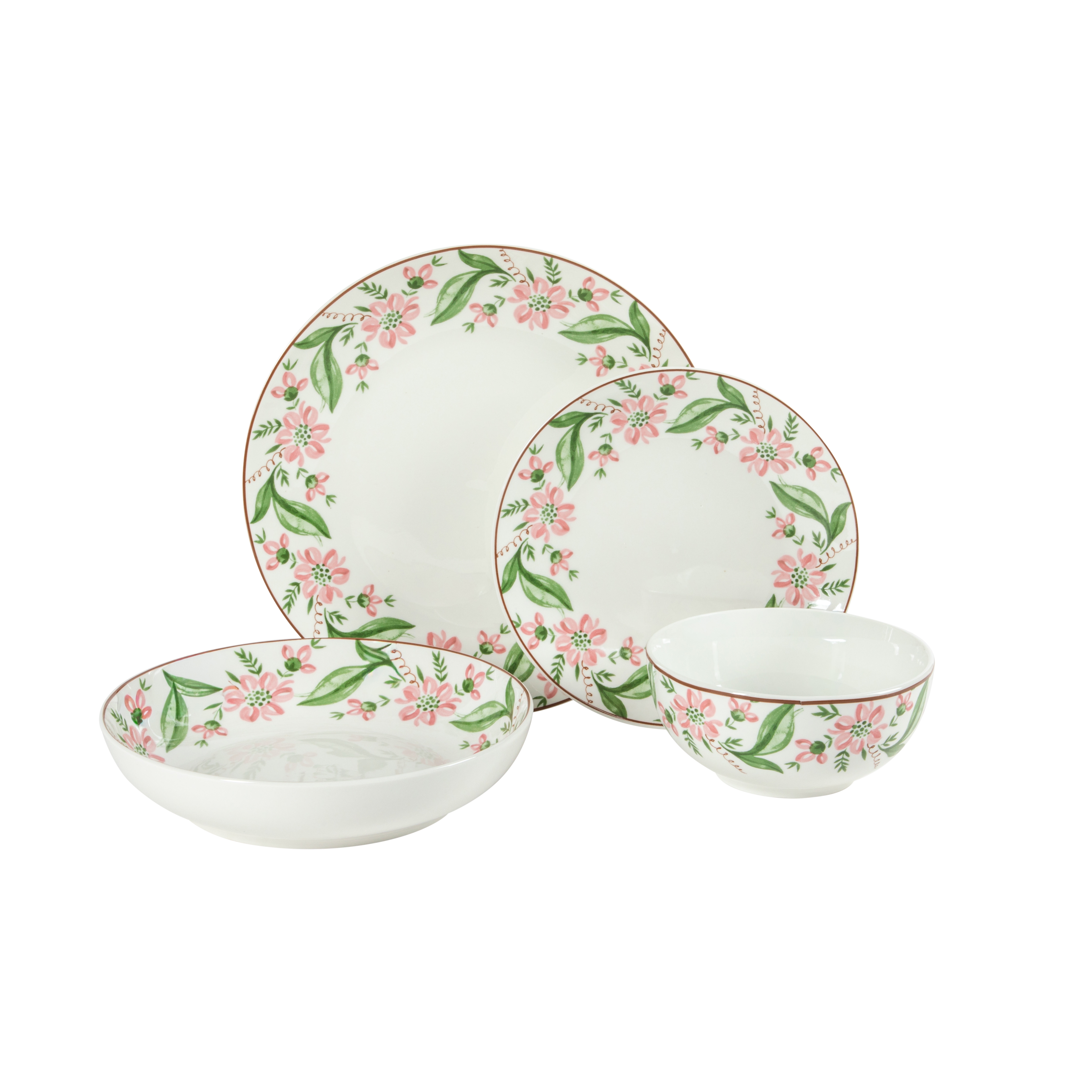 Martha Stewart Plates and Bowls Set, 16 Piece Dinnerware Set for 4, Pink/Green
