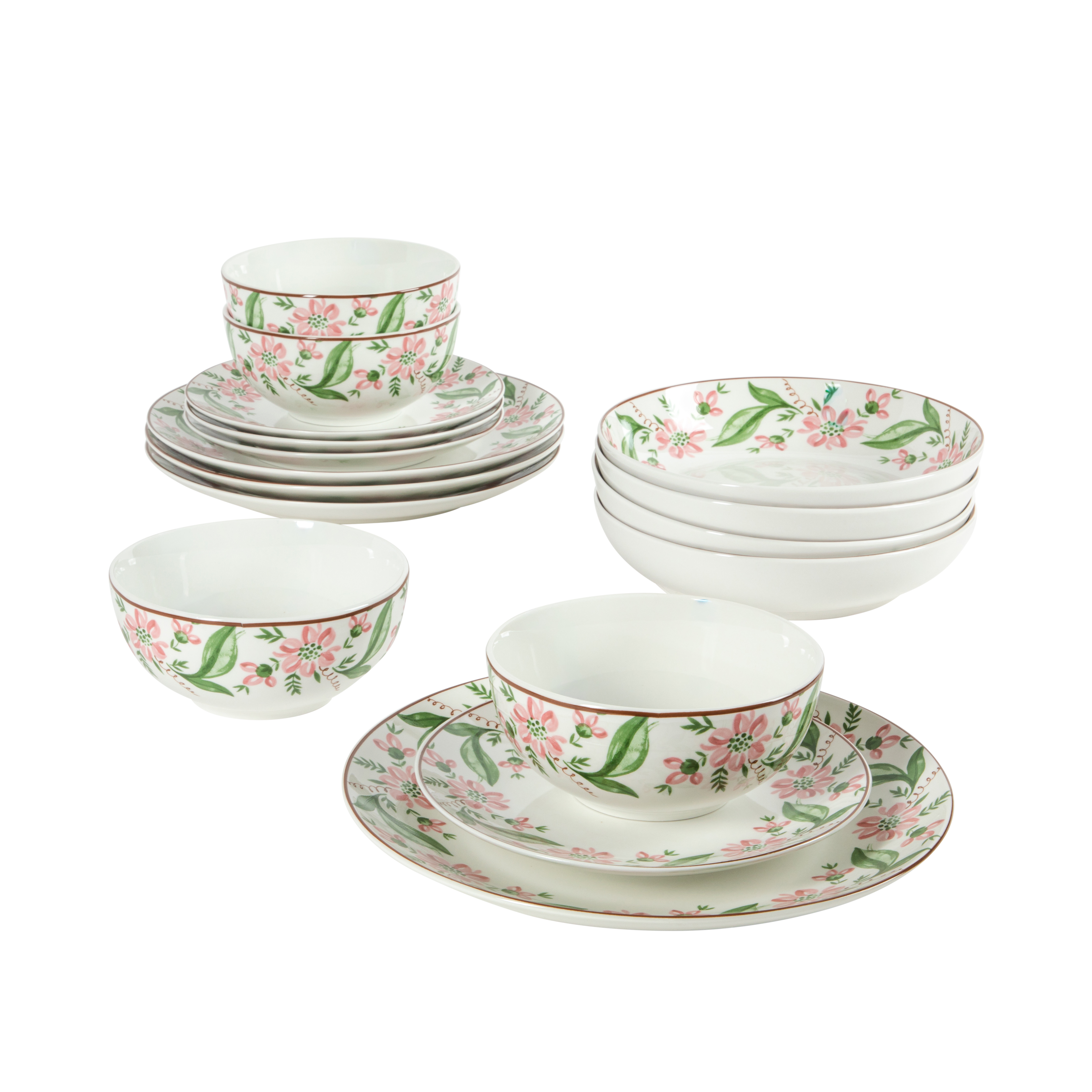 Martha Stewart Plates and Bowls Set, 16 Piece Dinnerware Set for 4, Pink/Green