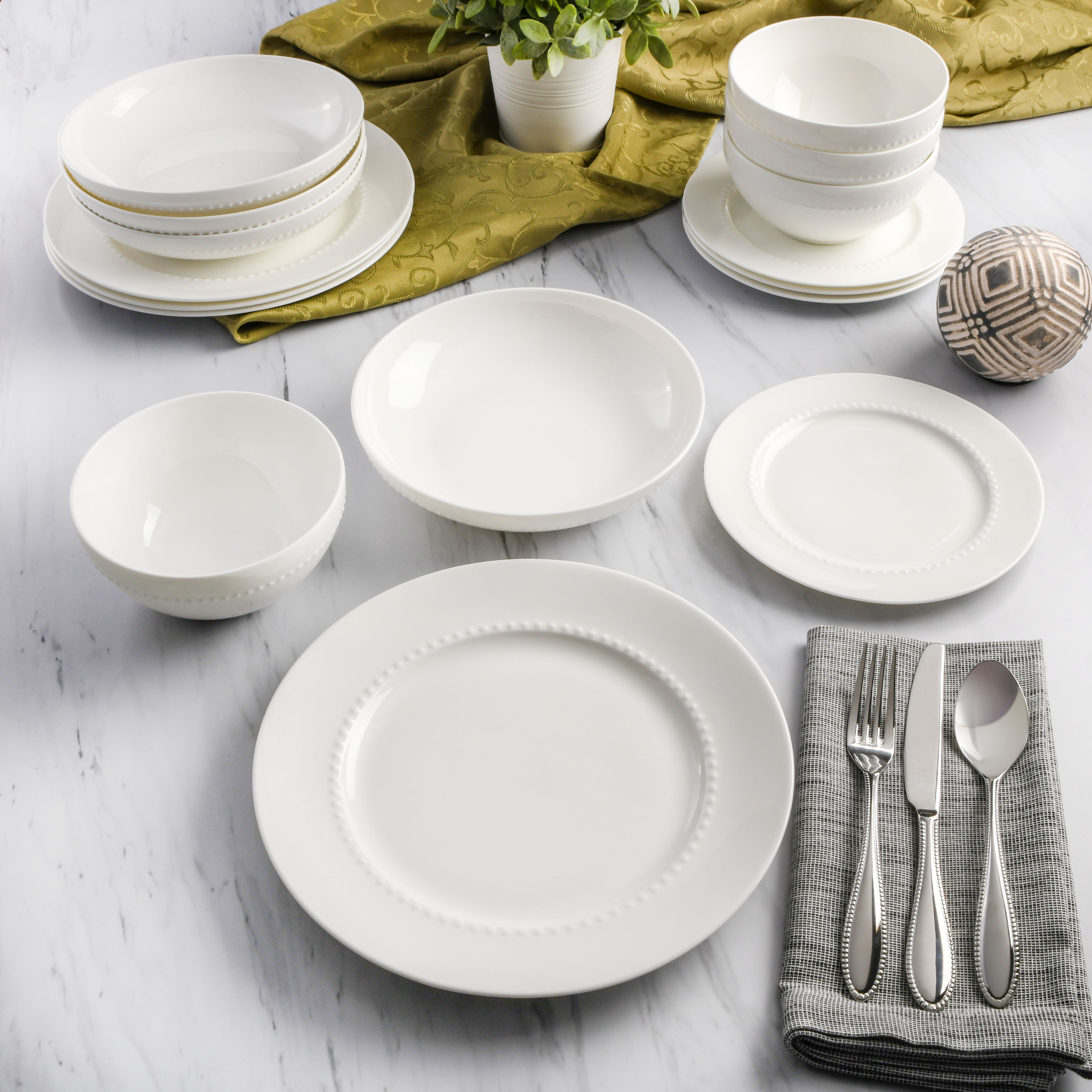 Gibson Elite Embossed Bone China 16 Piece Double Bowl Dinnerware Set White