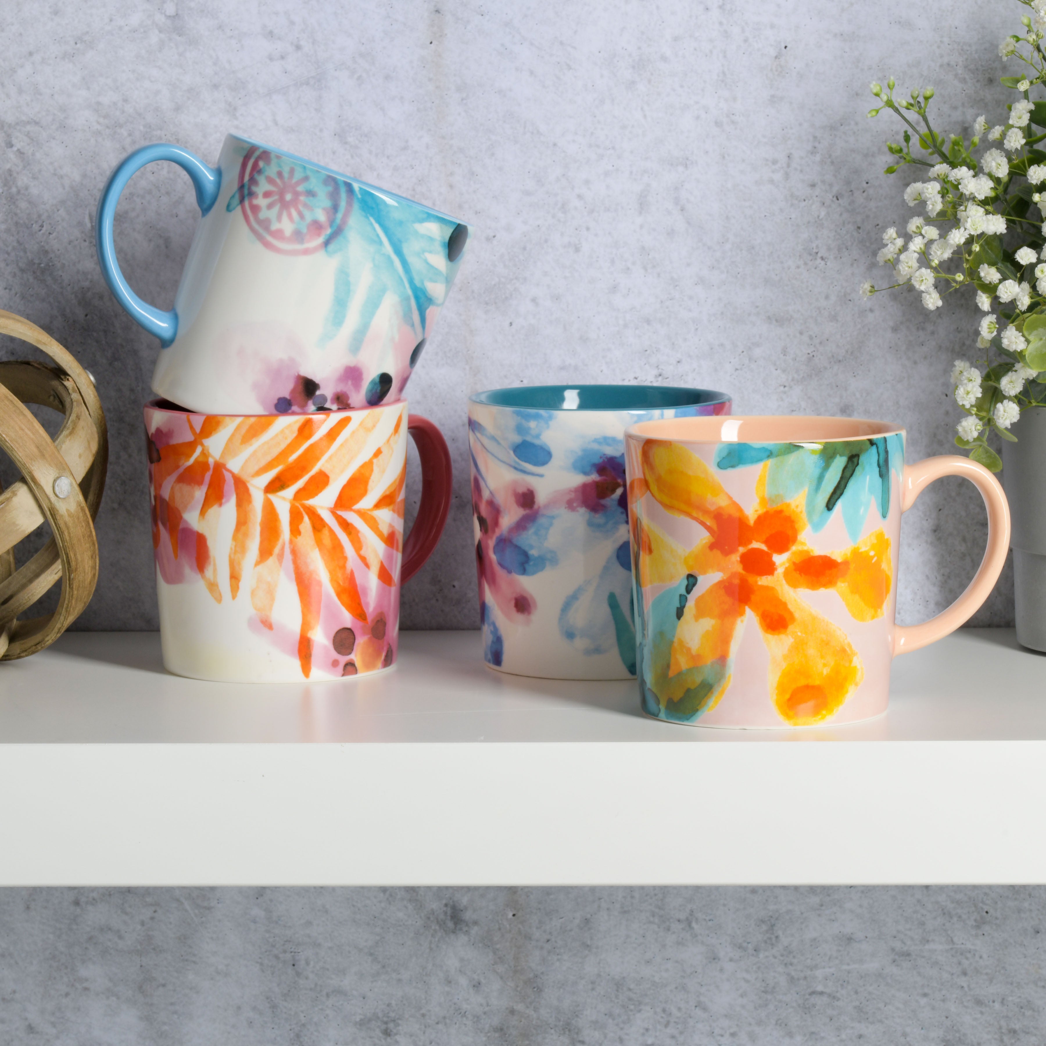 Spice by Tia Mowry Floral Garden 4-Piece 17oz Decorated Porcelain Mug Set