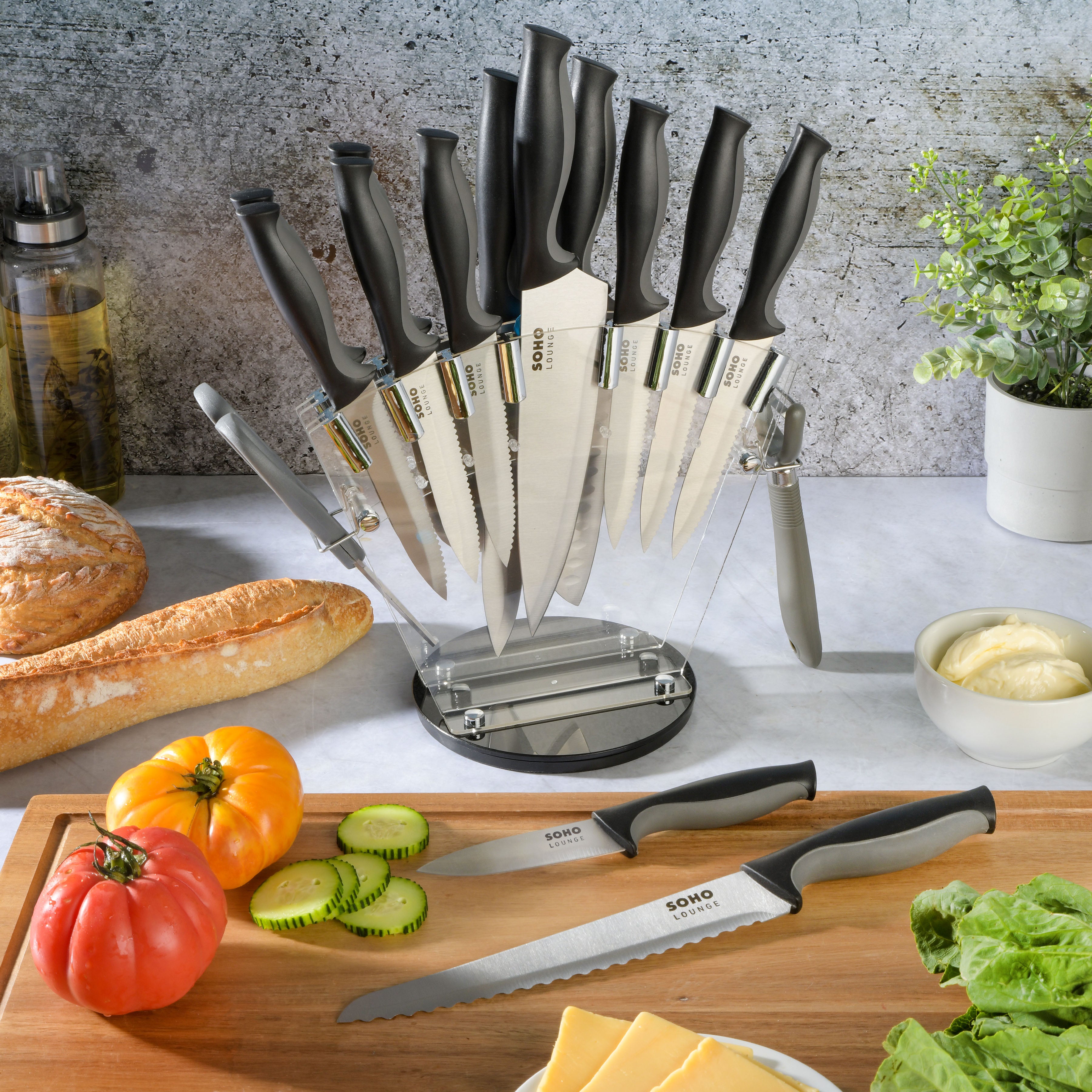 Gibson Home Wildcraft 15 Piece Stainless Steel Cutlery Set with Pine Wood Cutting Board