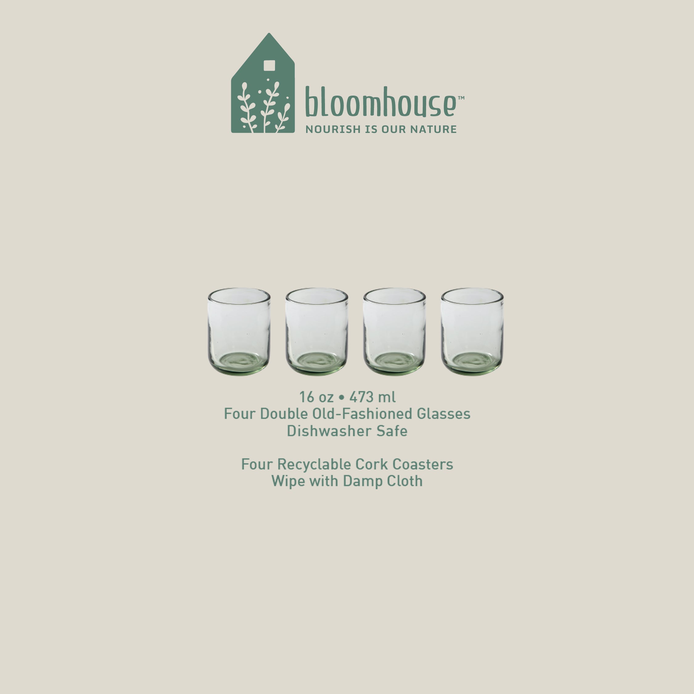 Bloomhouse Sayulita Spring 8-Piece Hand Made 16 oz Jadeite Colored Glass Double Old Fashioned Set w/ Coasters