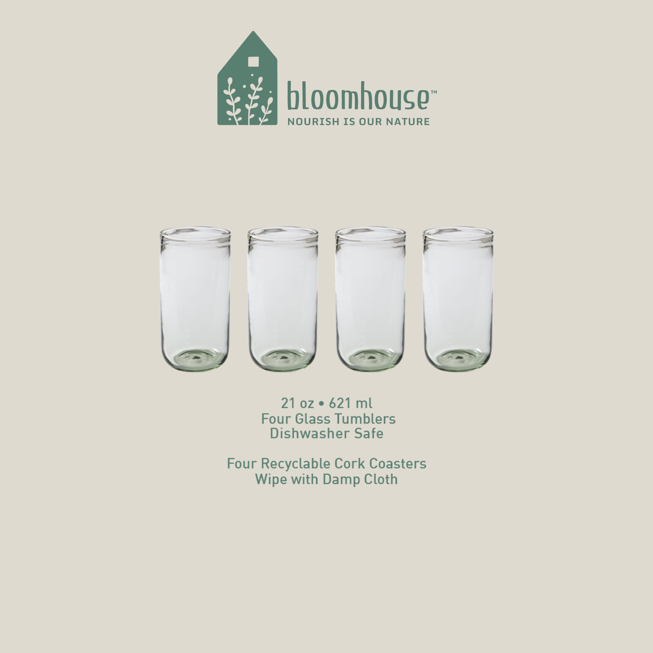 Bloomhouse Sayulita Spring 8-Piece Hand Made 21 oz Jadeite Colored Glass Tumbler Set w/ Coasters