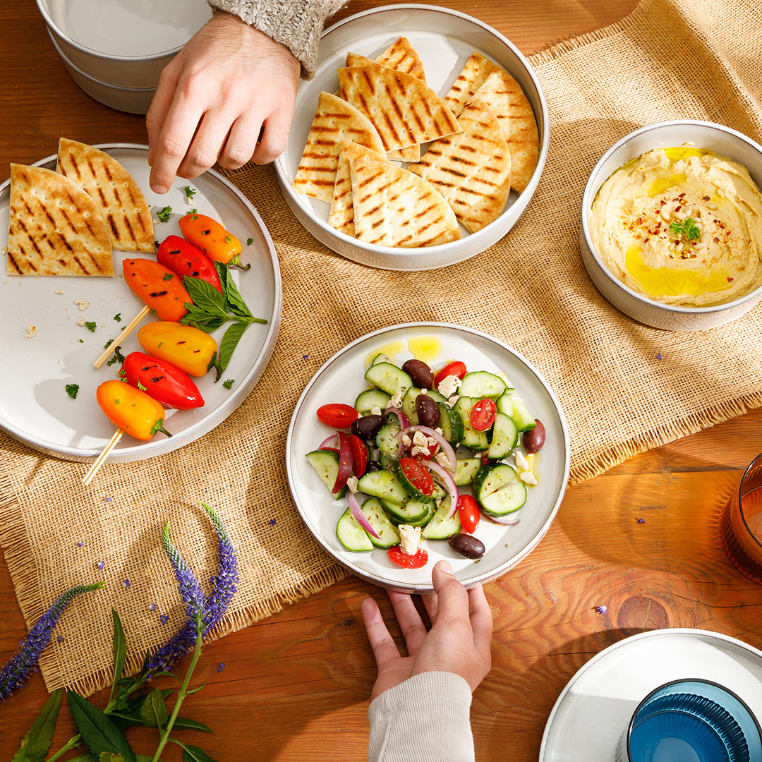 Bloomhouse Santorini Mist 16 Piece Double Bowl Terracotta Reactive Glaze Plates and Bowls Dinnerware Set - Moonstone White, Amber, Garnet Red, or Jade