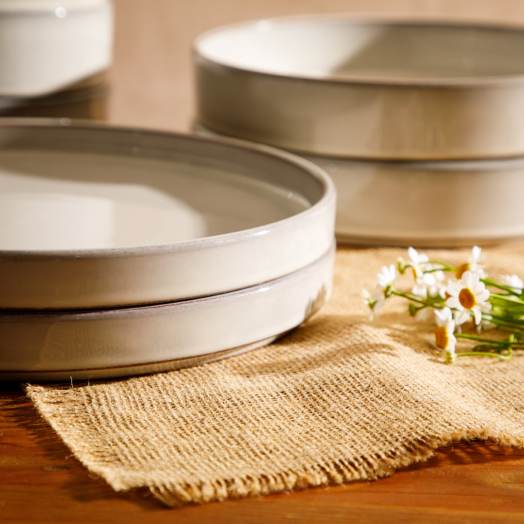 Bloomhouse Santorini Mist 16 Piece Double Bowl Terracotta Reactive Glaze Plates and Bowls Dinnerware Set - Moonstone White, Amber, Garnet Red, or Jade