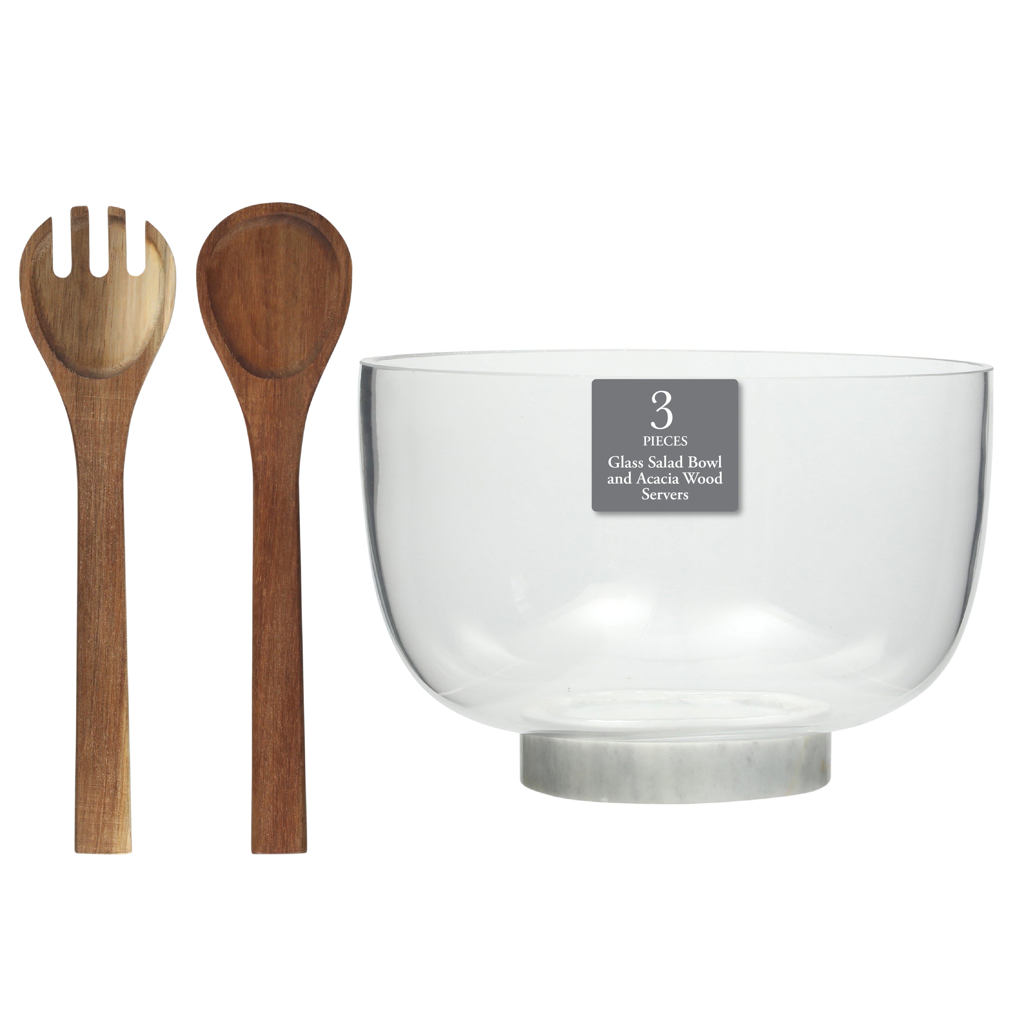 Gibson Elite Wildgreens Large Glass Salad Bowl Set with Acacia Serving Utensils