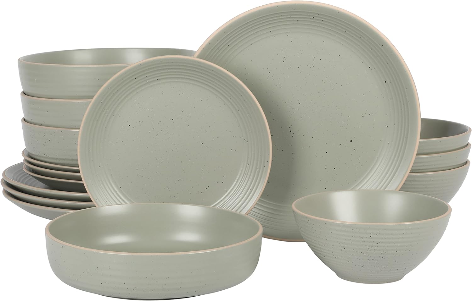 Gibson Home Dinah 16 Piece Double Bowl Stoneware Embossed Speckled Dinnerware Set - Matte Black, White, or Sage Green
