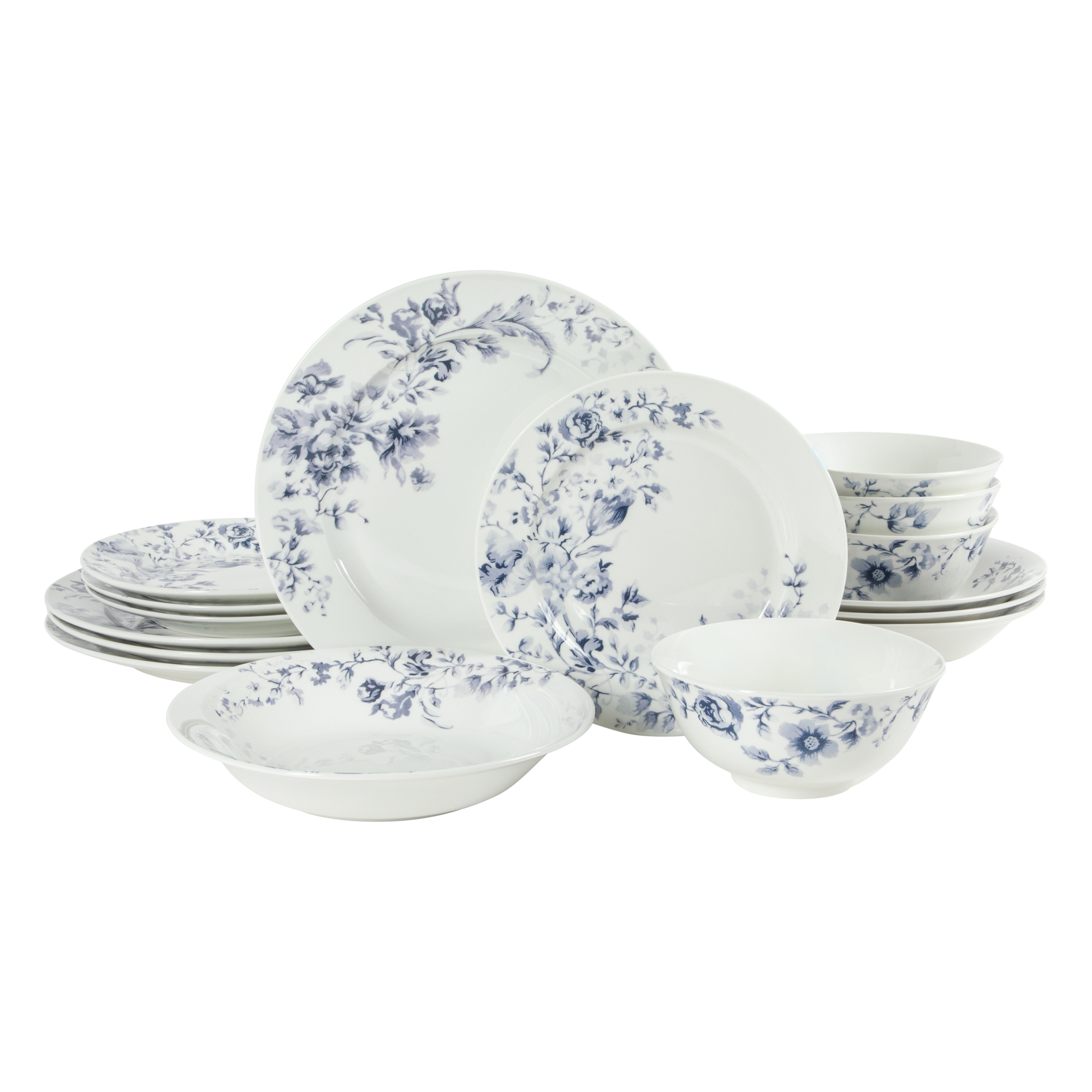 Martha Stewart Plates and Bowls Set, 16 Piece Dinnerware Set for 4, Blue/white