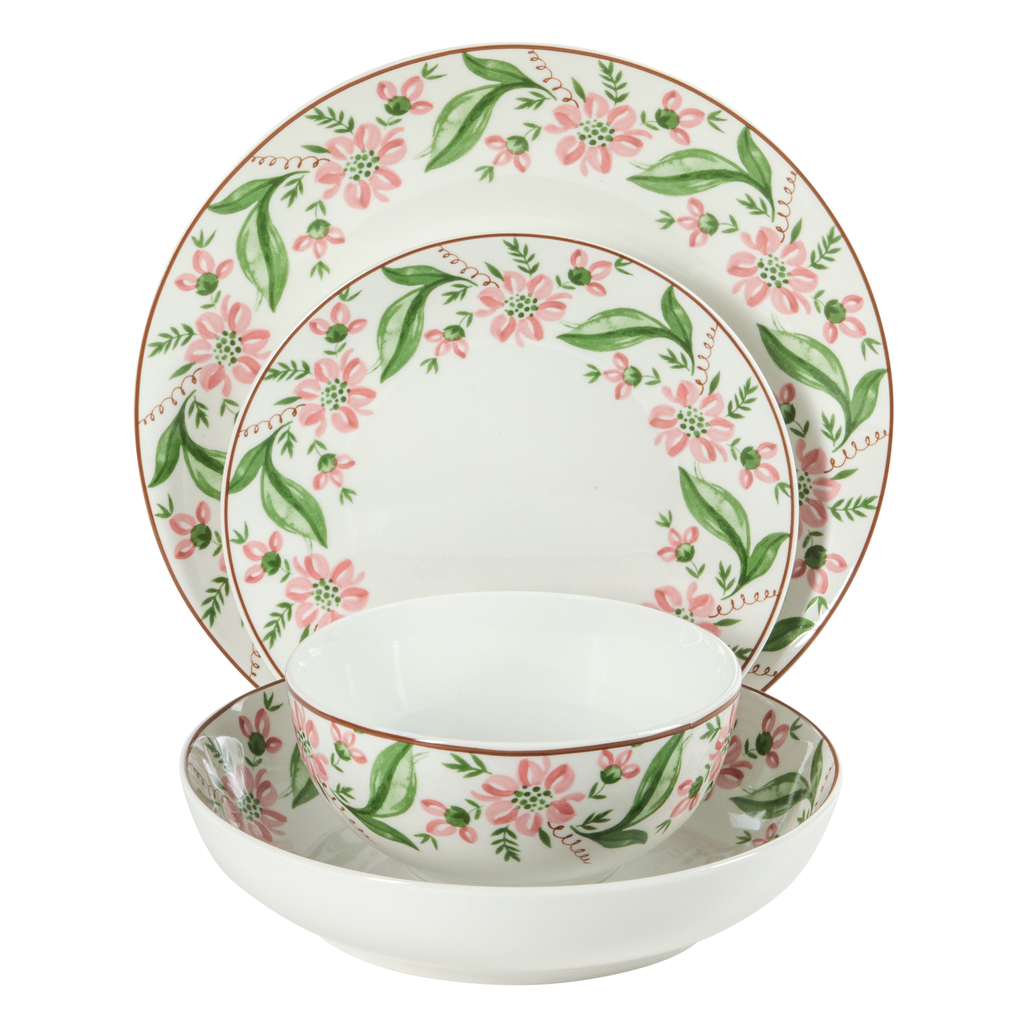 Martha Stewart Plates and Bowls Set, 16 Piece Dinnerware Set for 4, Pink/Green