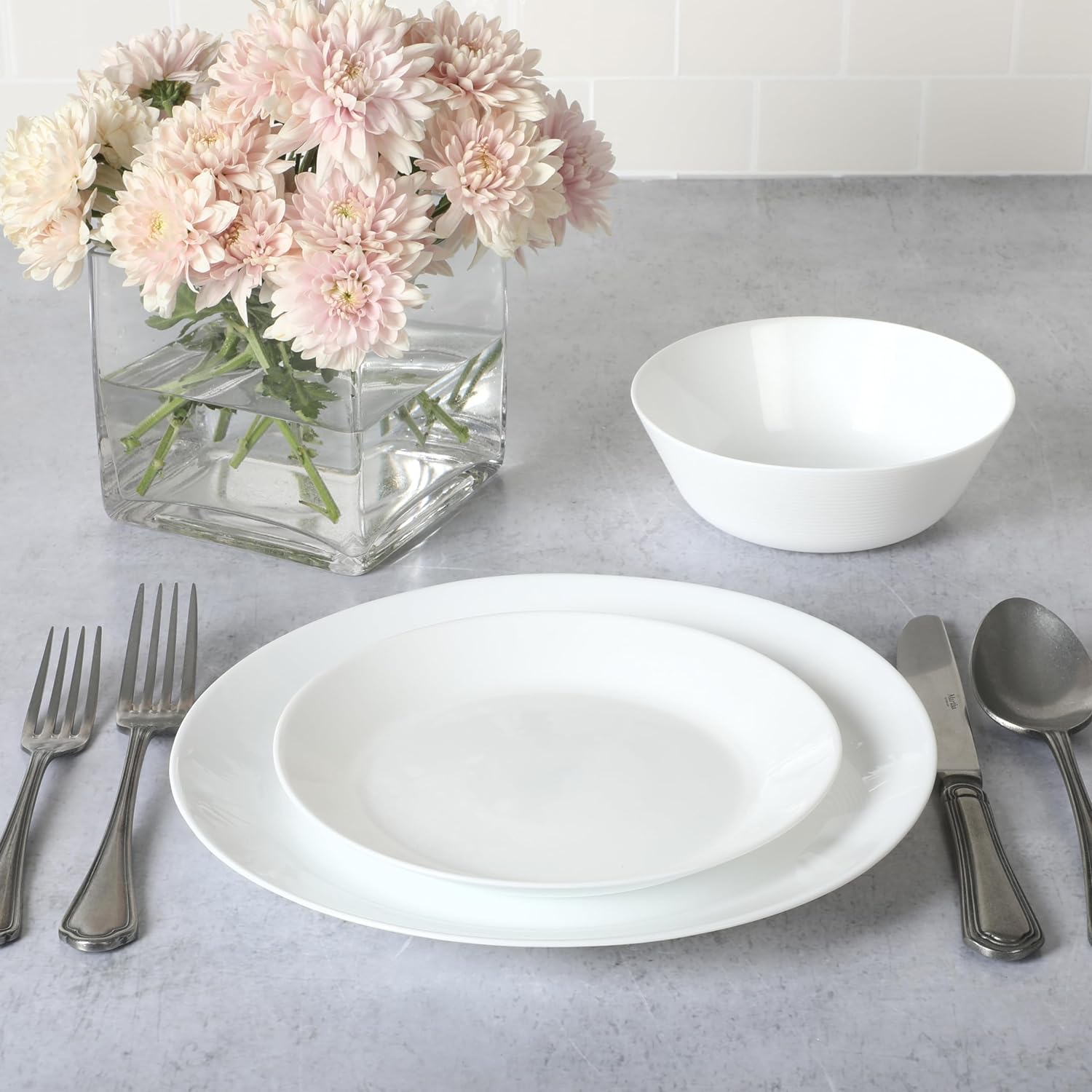 Three Martha Stewart Balustrade large glass dinner plates. good All-white ribbed rim. Made in France by Arcopal.