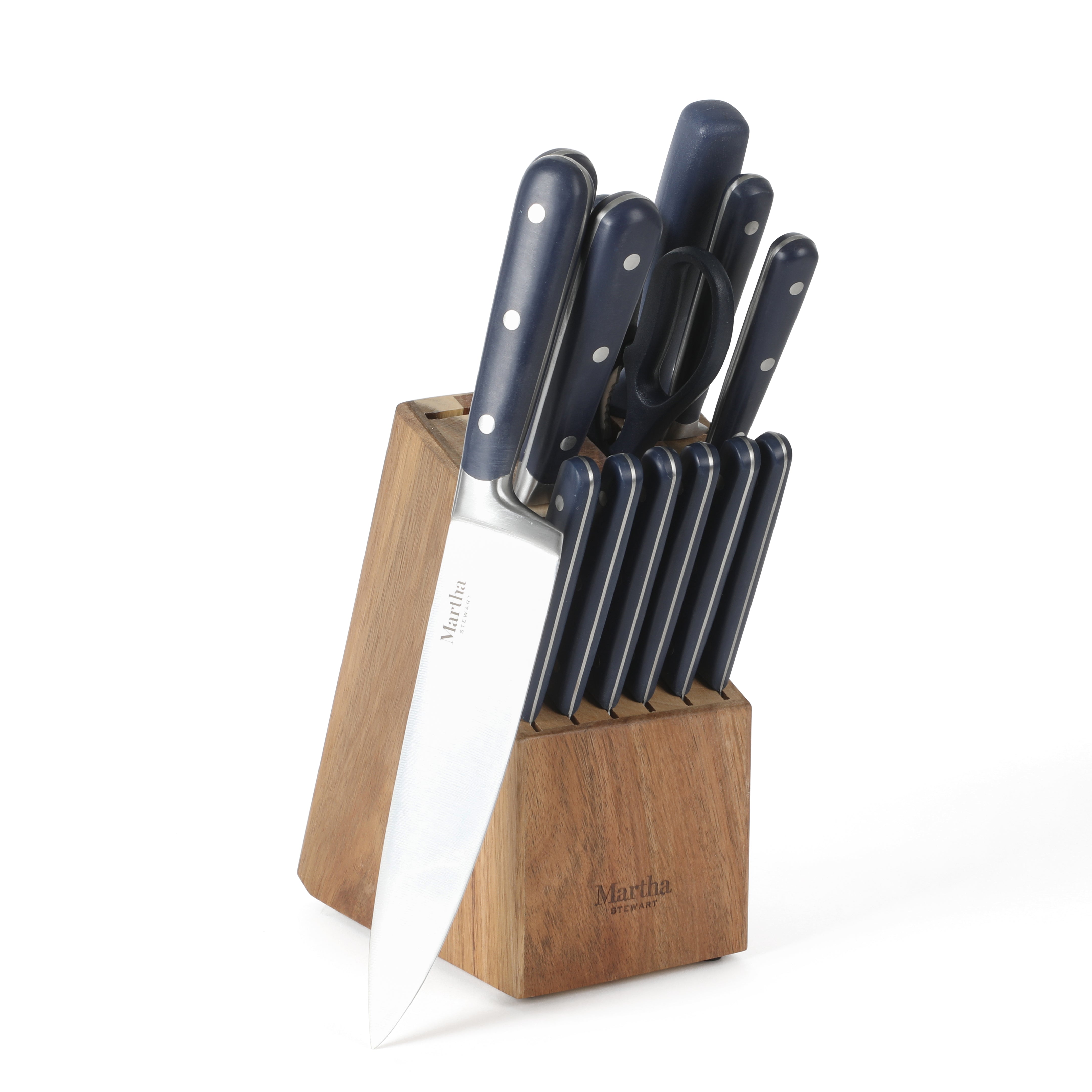 MARTHA STEWART Eastwalk 14 Piece High Carbon Staineless Steel Cutlery Knife  Block Set w/ABS Triple Riveted Forged Handle Acacia Wood Block - Red