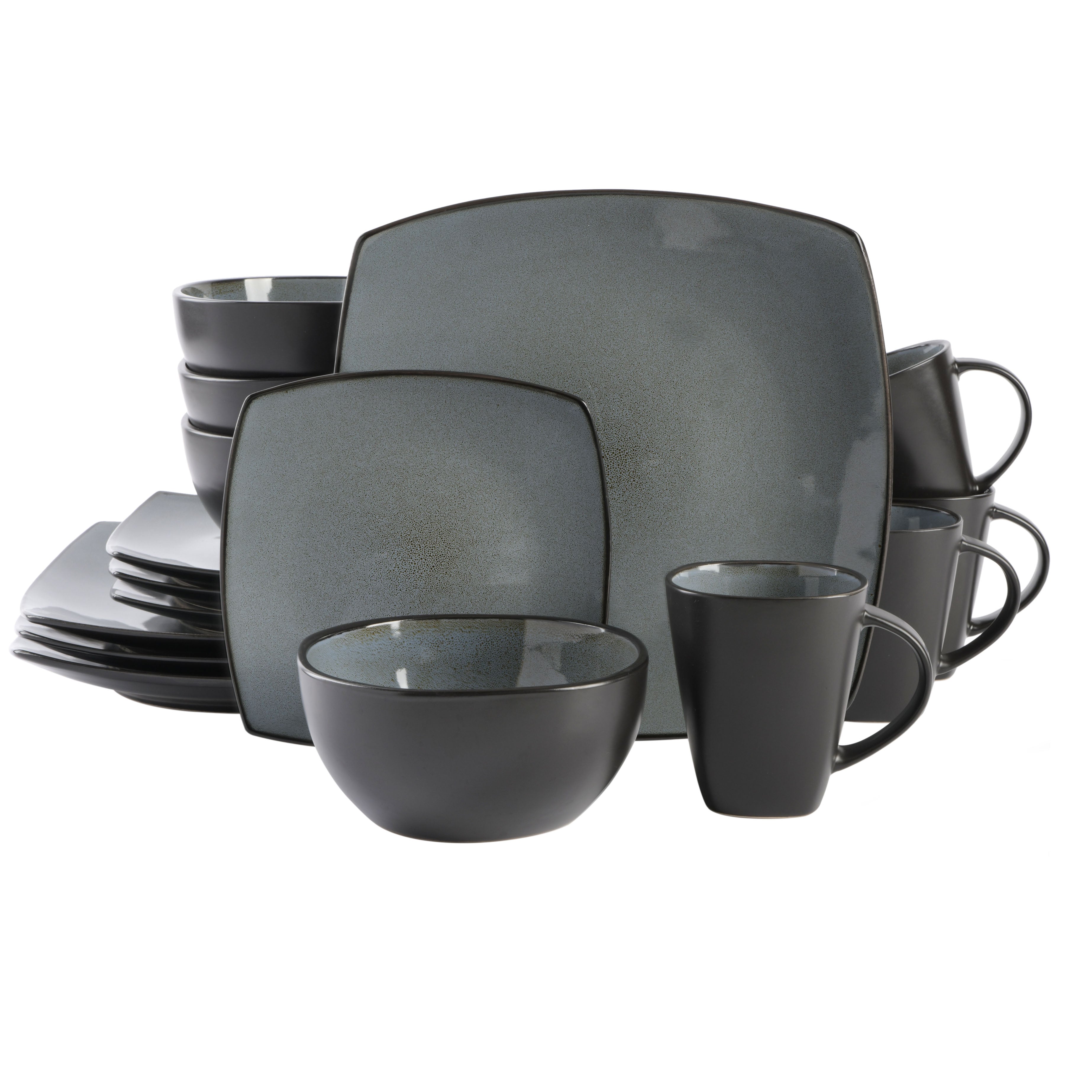 12 Piece Square Stoneware Dinnerware Set in Grey and Black