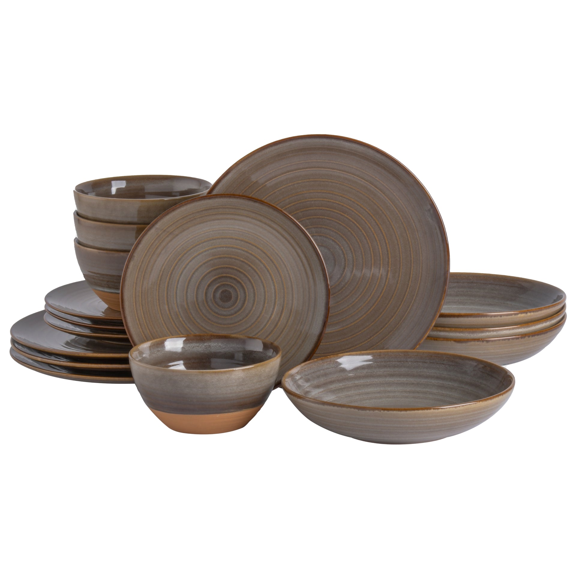 Gibson Elite Dreamweaver 16-Piece Double Bowl Terracotta Reactive Dinnerware Set - Earthy Brown