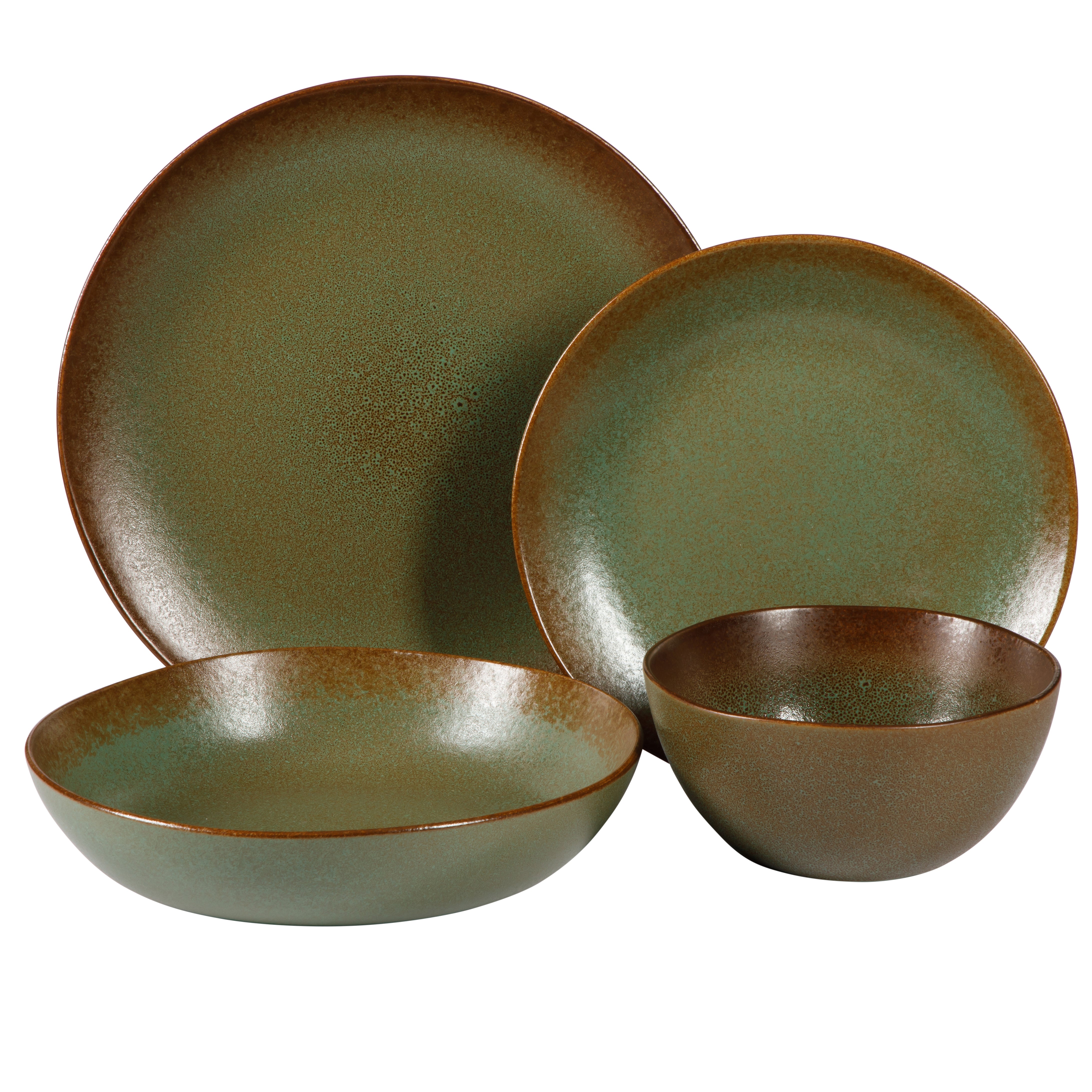 Bloomhouse Palermo Sun 16-Piece Double Bowl Stoneware Reactive Glaze Plates and Bowls Dinnerware Set