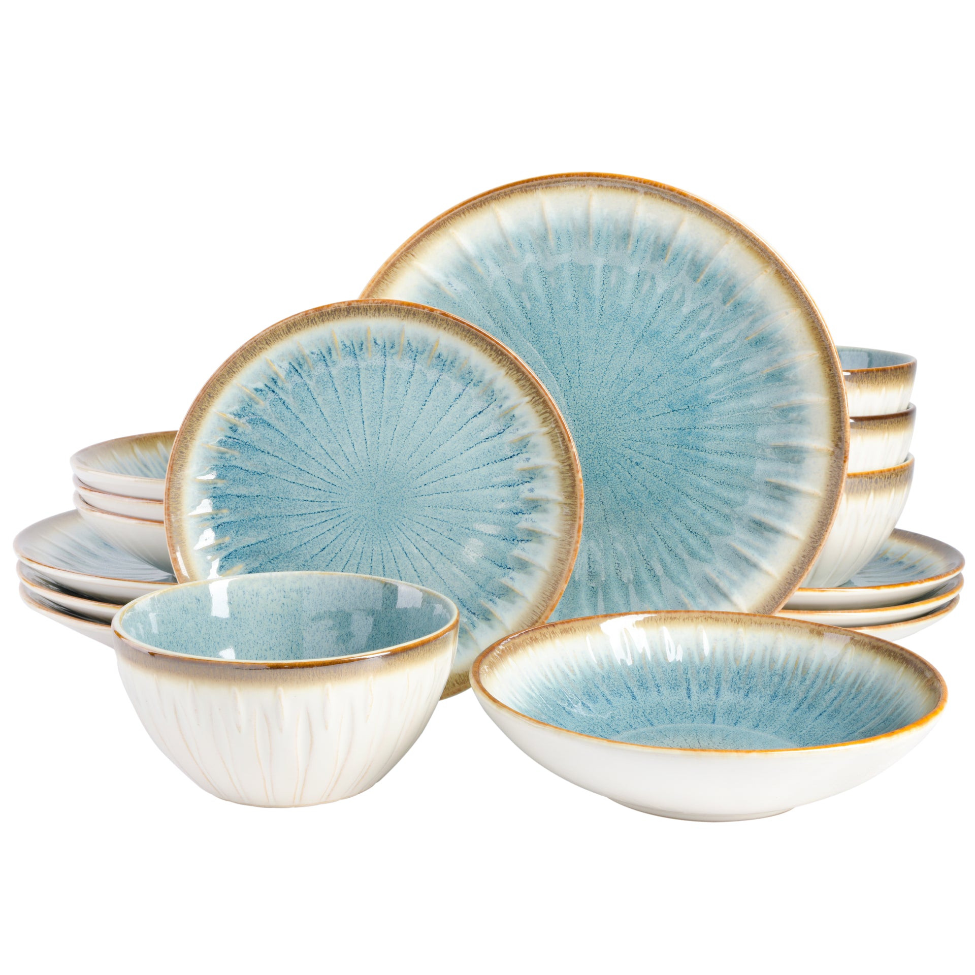 Green- Gibson Elite Mayfair Bay 16-Piece Embossed Double Bowl Reactive Dinnerware Set